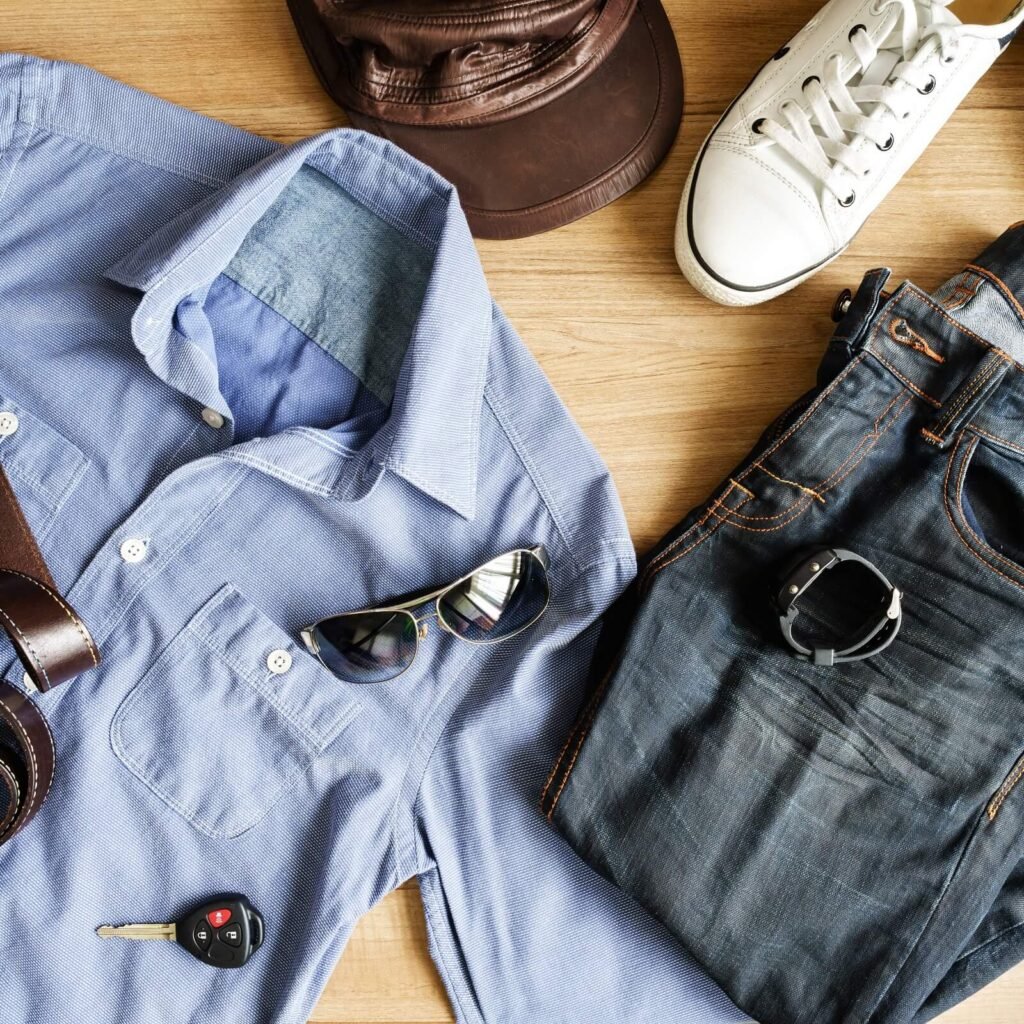 Flat Lay Of Men Casual Fashion Outfits On Wooden B P8XWEHX 1024x1024
